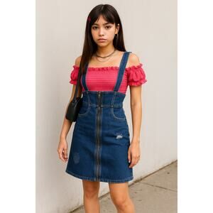 Y2K Miss Sixty Retro Vintage Denim Overall Skirt Dress Patchwork Small Blue 90s